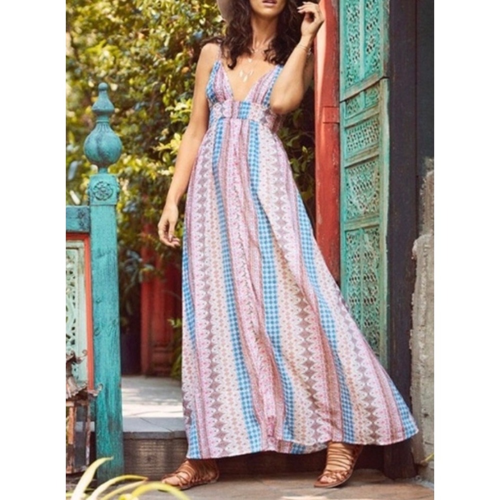 Lulus Maxin' Relaxin' Boho Beach Festival Tie Strap Maxi Dress M Summer